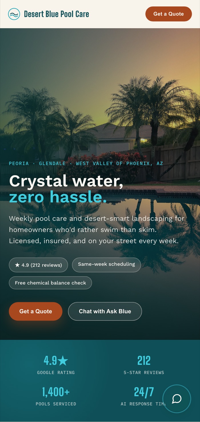 The Desert Blue Pool Care website on a phone, a demo site built by Lone Mountain Works