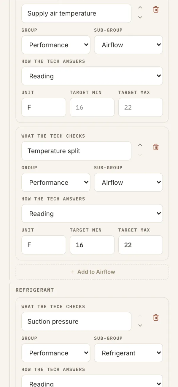 A Temperature split item set to Reading, with unit F and a target of 16 to 22