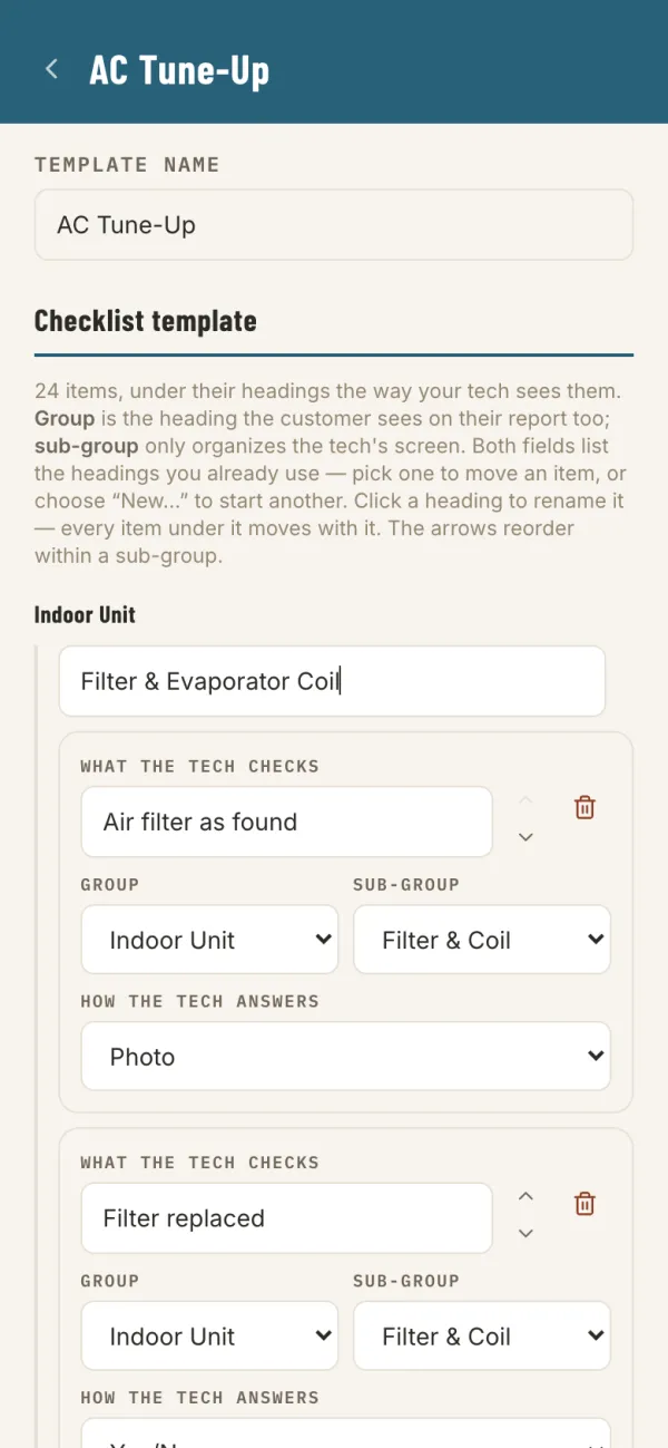 A sub-group heading being renamed to Filter & Evaporator Coil