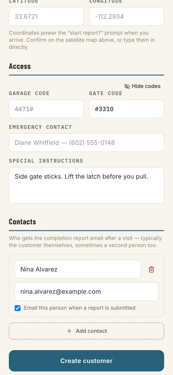 The Contacts section with a contact who gets report emails, and the Create customer button