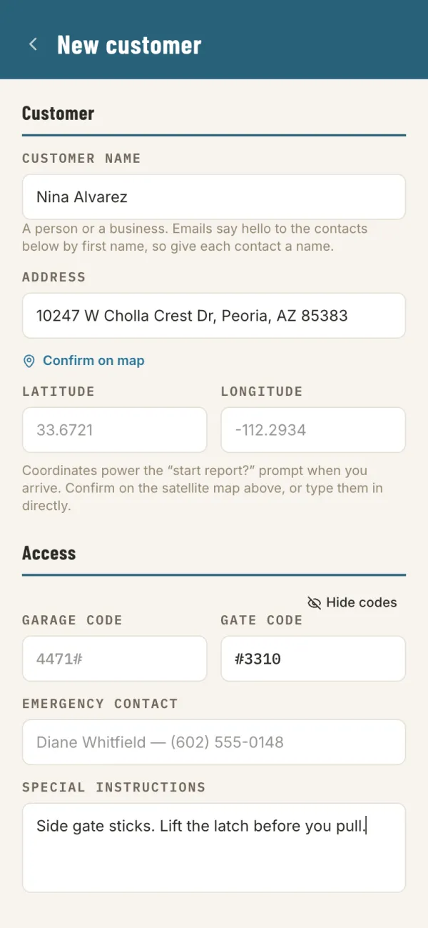The New customer form with a name, an address, a gate code and special instructions