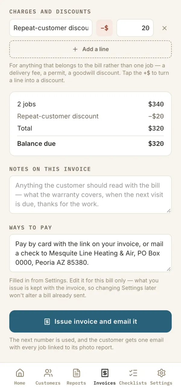 A repeat-customer discount of $20 bringing the total to $320