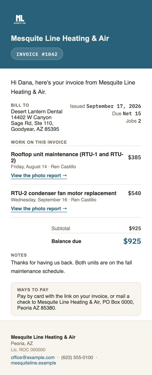 The invoice email a customer receives, with each job linked to its photo report, the balance due, notes and ways to pay