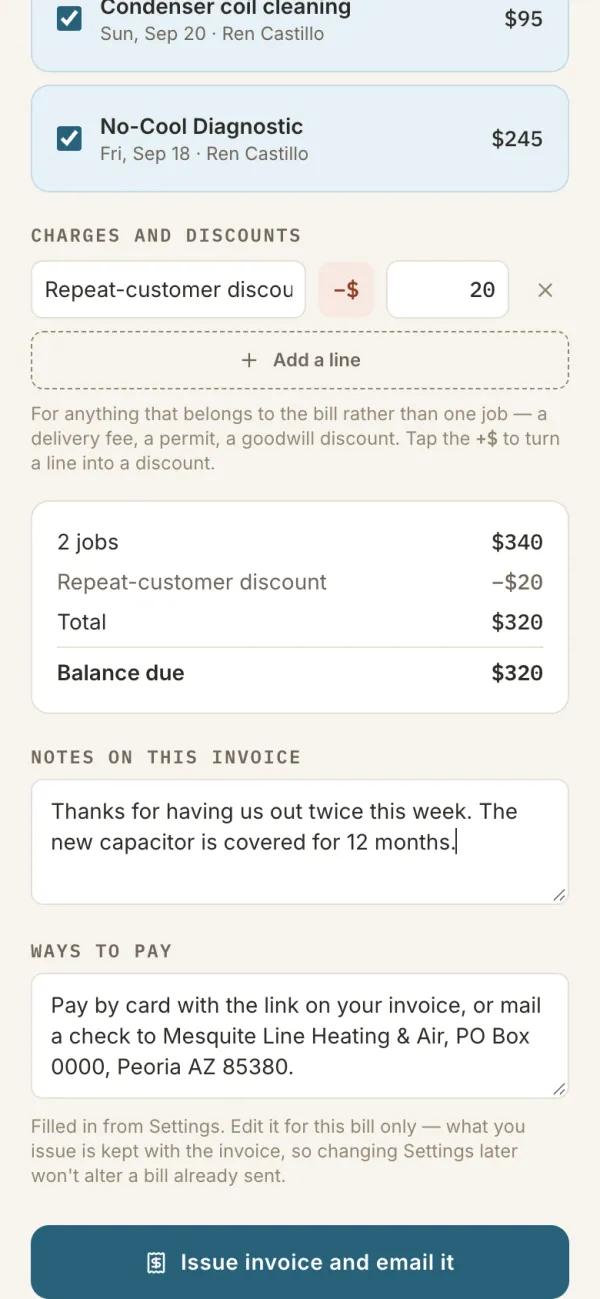 Notes, ways to pay, and the Issue invoice and email it button