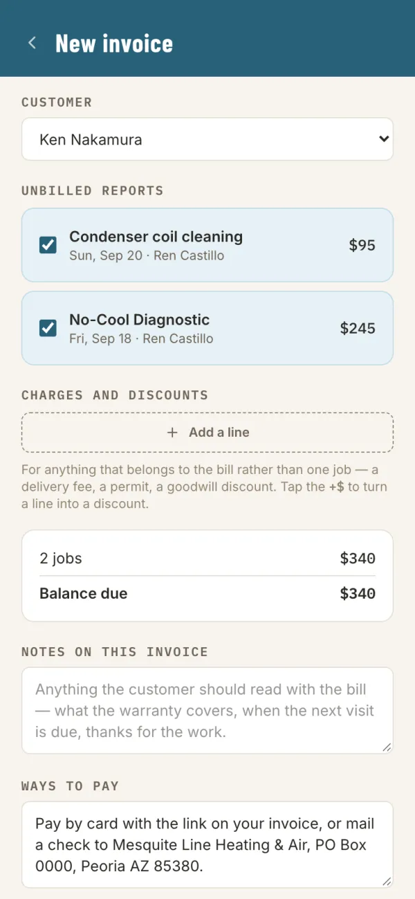 New invoice with two of a customer's unbilled reports ticked, totaling $340
