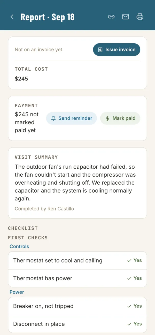 A report's Payment card with Send reminder and Mark paid buttons