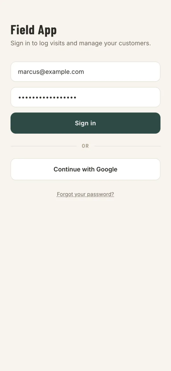The LMW Field App sign-in screen with an email and password filled in