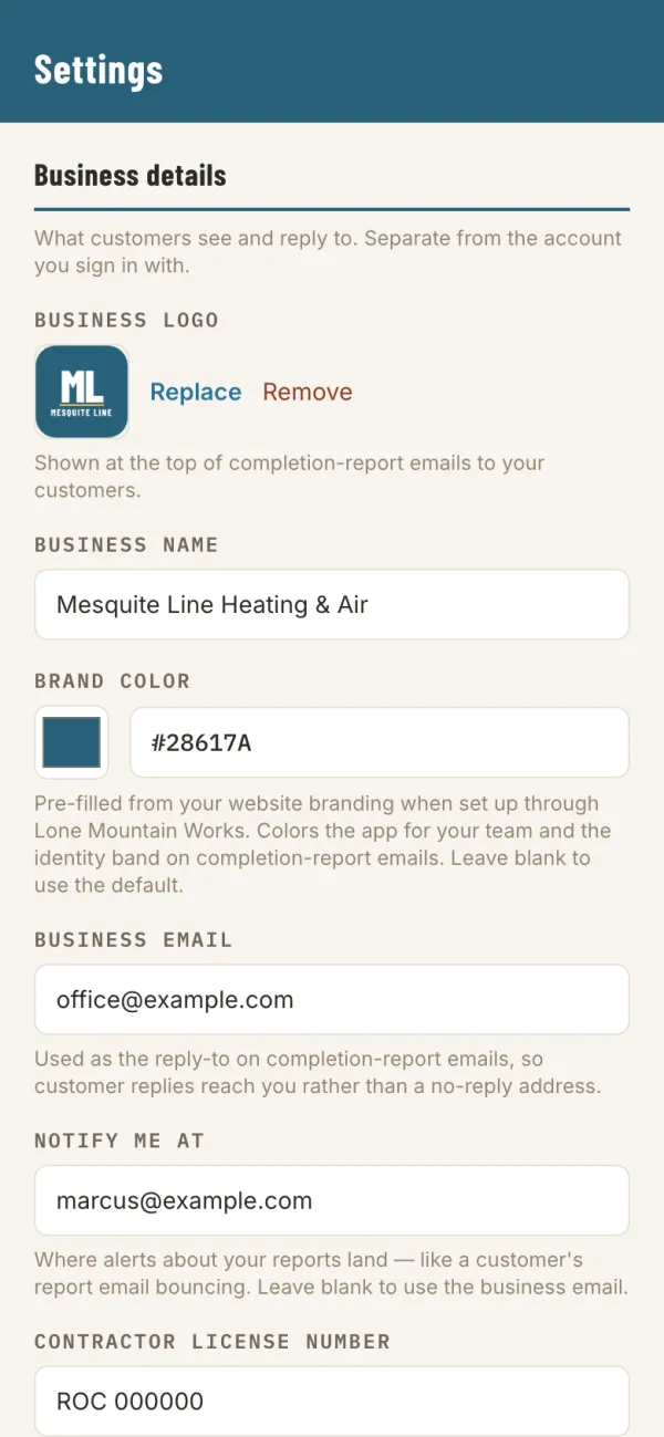 Settings showing the business logo, business name, brand color and business email