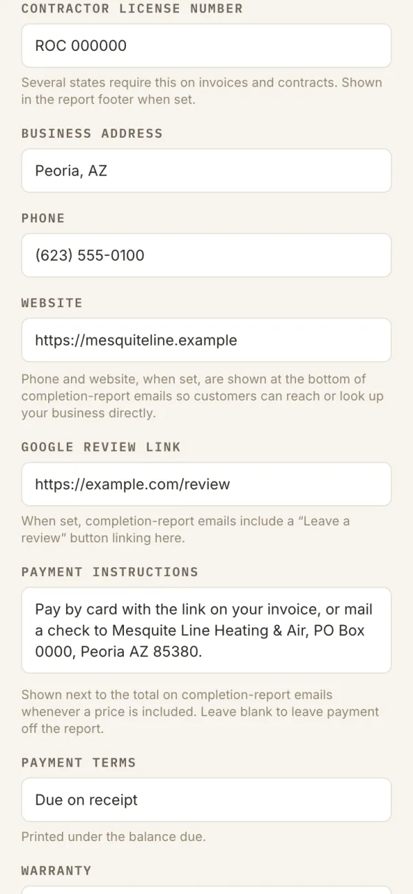Settings showing the license number, address, phone, website and Google review link fields