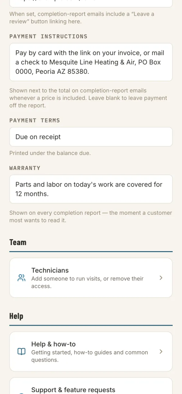 Settings showing payment instructions, payment terms and the warranty
