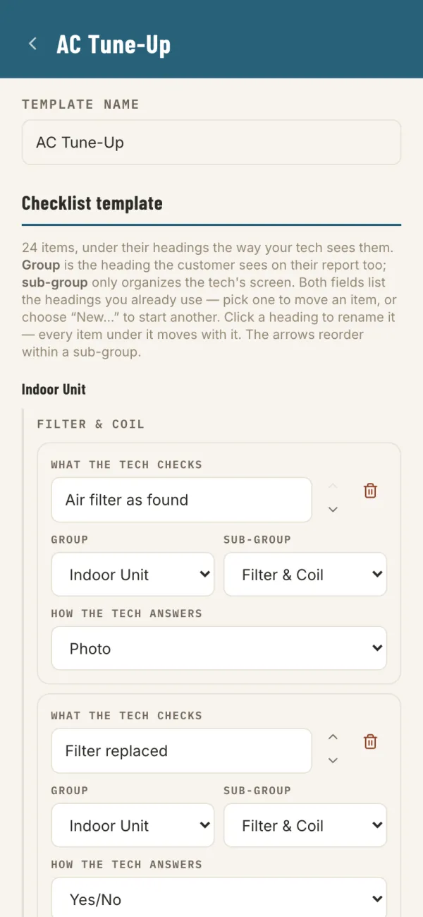 The checklist editor showing items grouped under Indoor Unit, Filter and Coil