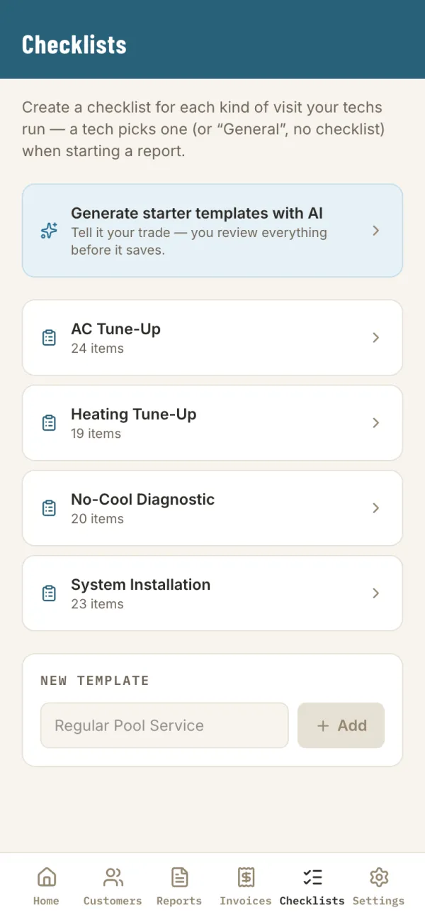 The Checklists screen listing AC Tune-Up, Heating Tune-Up, No-Cool Diagnostic and System Installation