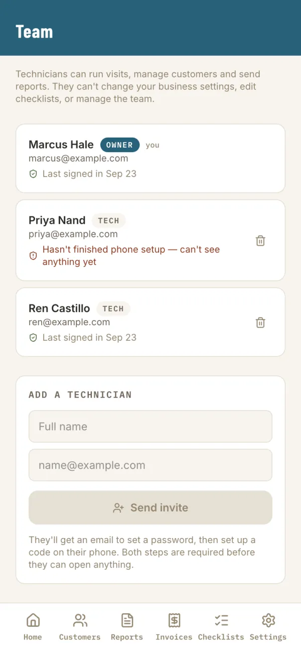 The Team screen listing the owner and two technicians, one still setting up their phone, with an invite form