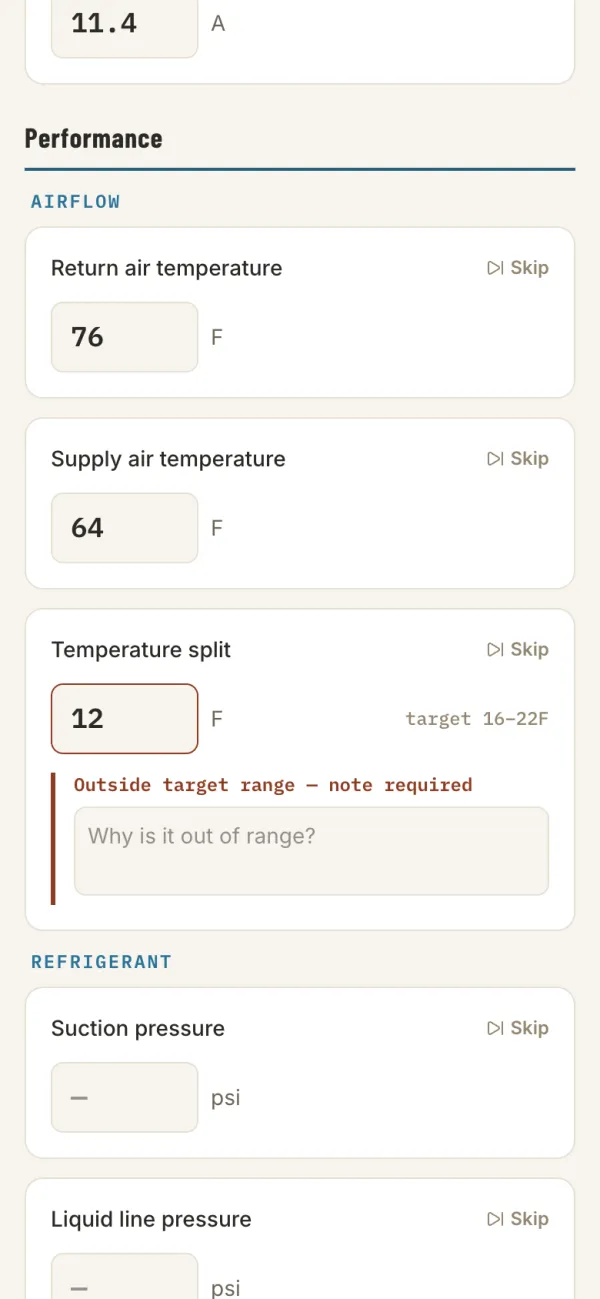 A temperature split reading of 12°F shown in red against a 16 to 22°F target, asking why