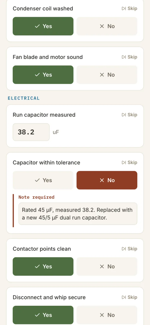 A No answer on Capacitor within tolerance with a note explaining the reading and the replacement