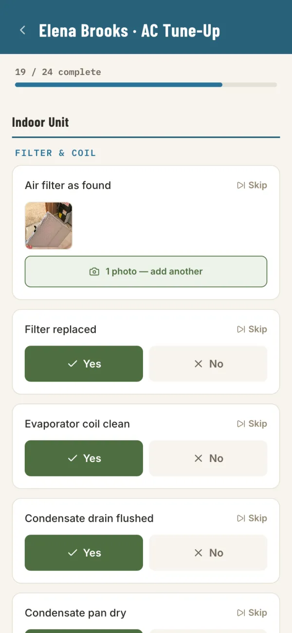 An AC Tune-Up checklist 19 of 24 complete, with an air filter photo and Yes answers