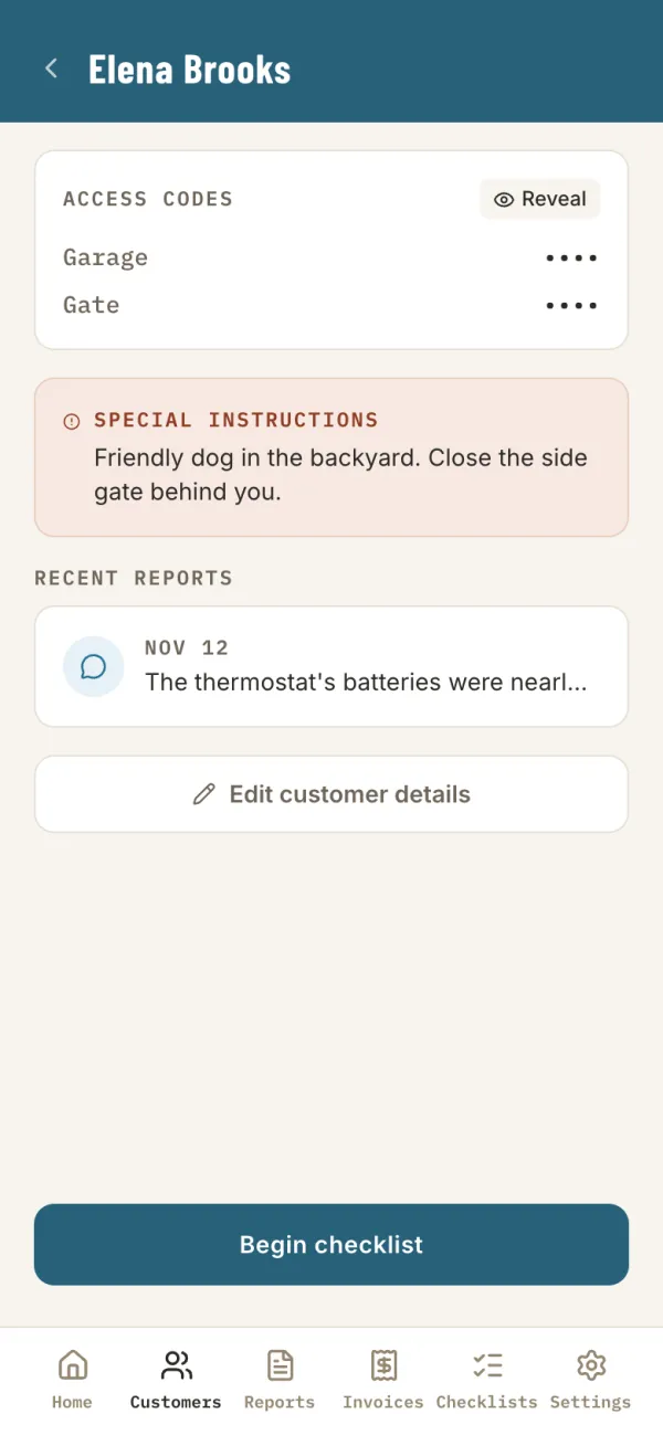 A customer screen with hidden access codes, special instructions, recent reports and a Begin checklist button