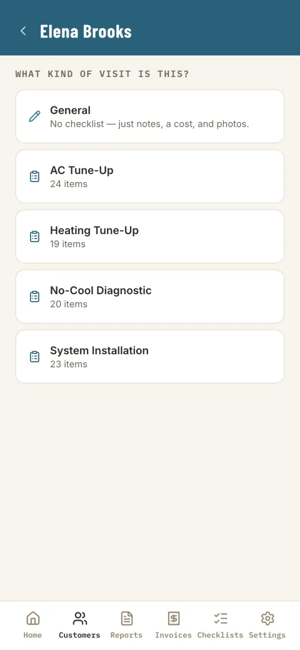 The What kind of visit is this screen listing General and four checklists