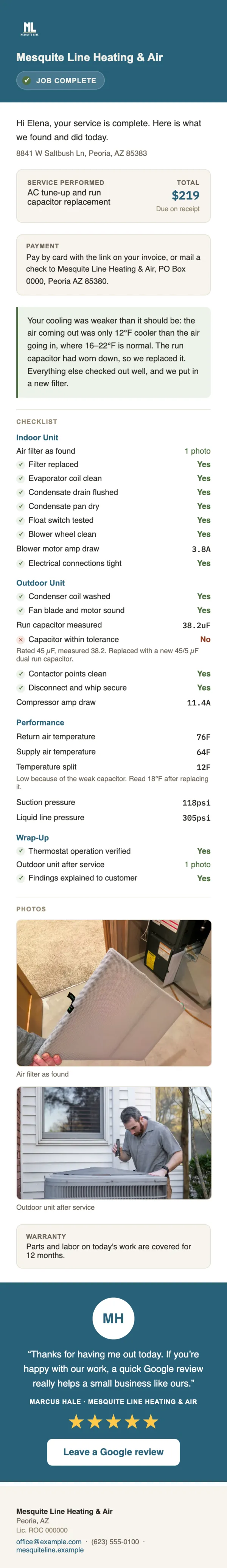 The report email a customer receives: the company's logo and color, job complete, the service and $219 total, payment instructions, a summary, the checklist with readings and notes, two photos, the warranty and a Google review request signed by the technician