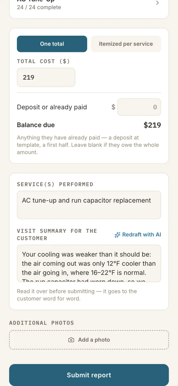 The bottom of the review screen with the summary, additional photos and the Submit report button