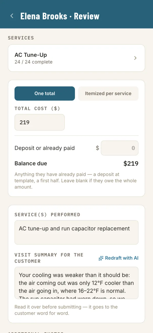 The review screen with the total cost, balance due, service performed and customer summary