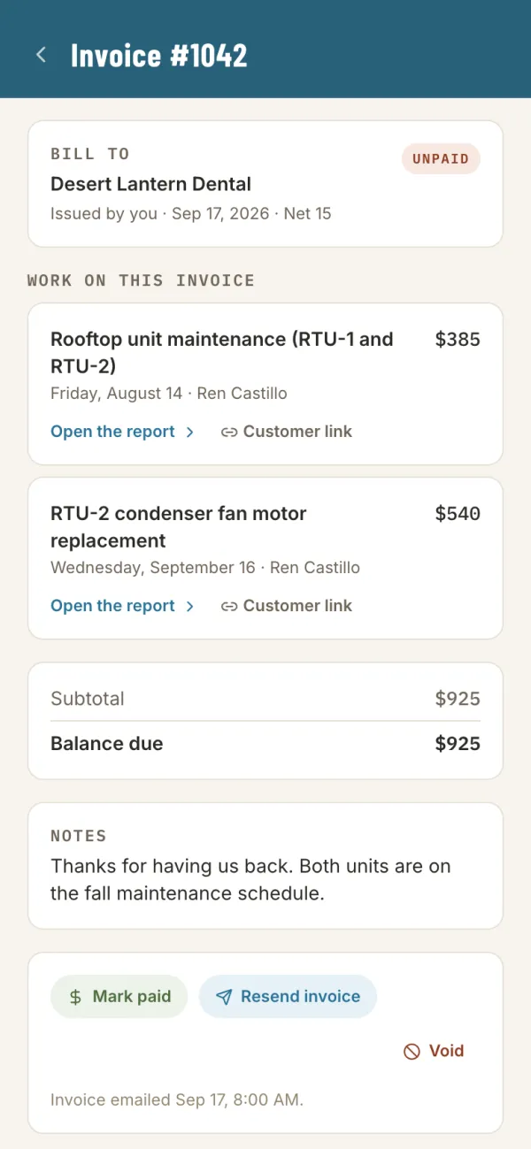 An unpaid invoice covering two jobs, with Mark paid and Resend invoice buttons