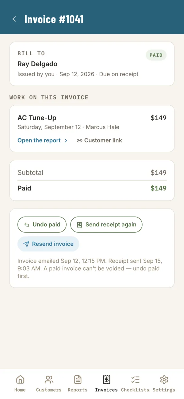 A paid invoice with buttons to undo paid, send the receipt again or resend the invoice