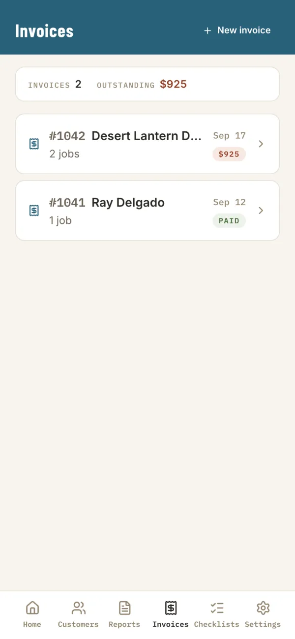 The Invoices screen showing two invoices, one unpaid for $925 and one paid