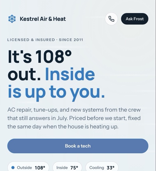 The Kestrel Air & Heat website on a phone: It's 108 degrees out. Inside is up to you.