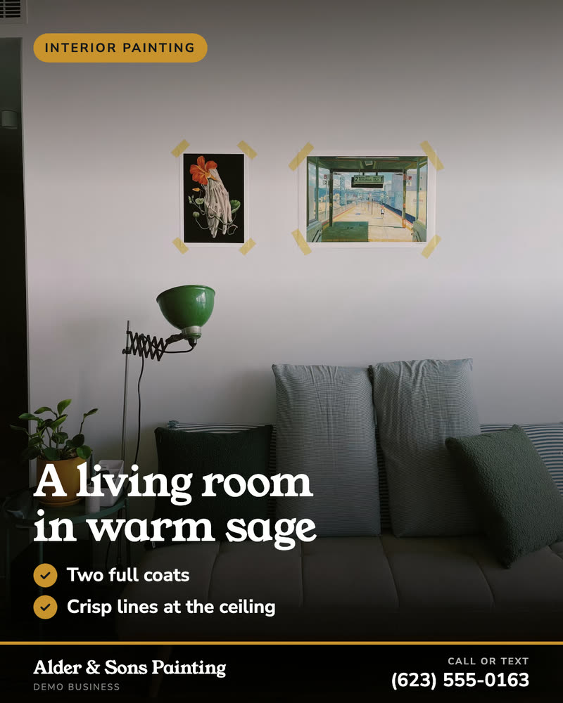 Job spotlight post for Alder & Sons Painting, a demo business: a living room in warm sage