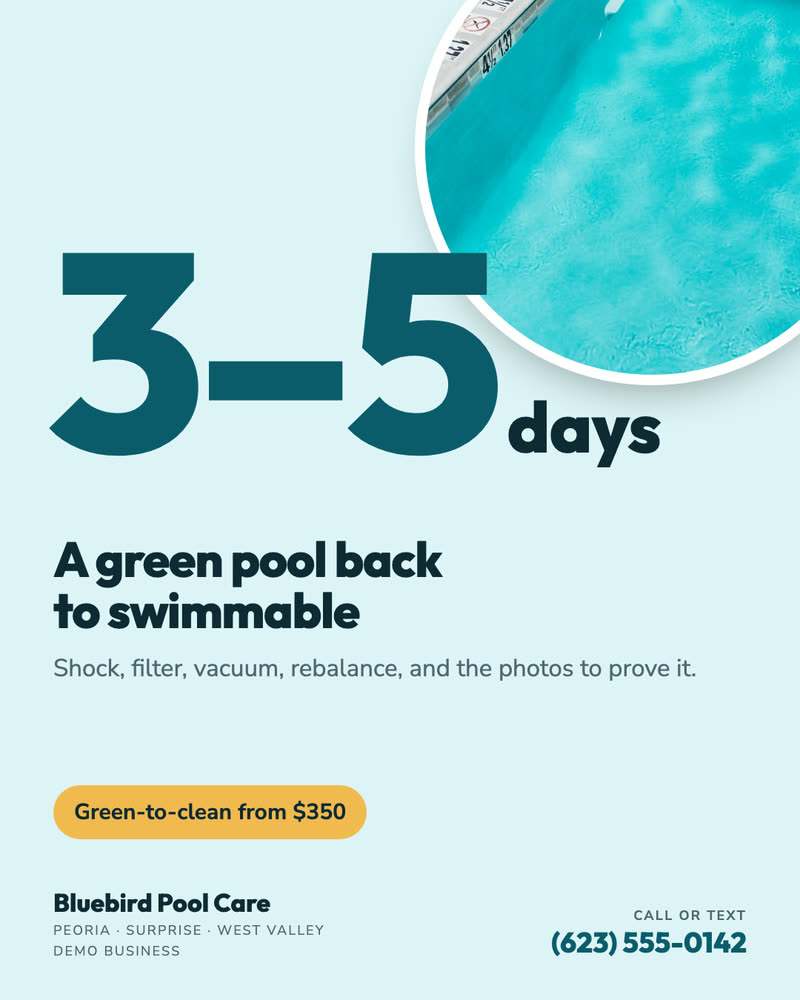 Number post for Bluebird Pool Care, a demo business: a green pool back to swimmable in three to five days