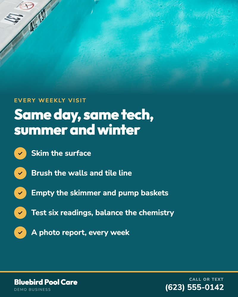Checklist post for Bluebird Pool Care, a demo business: what happens at every weekly visit