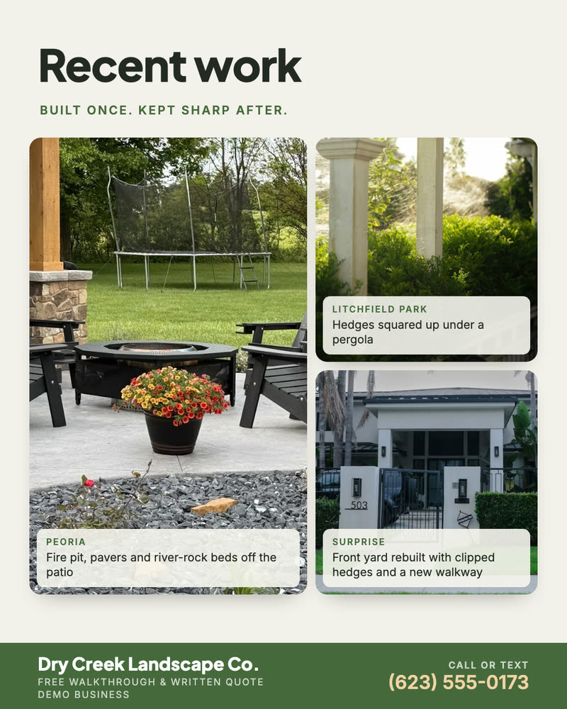 Recent work collage for Dry Creek Landscape Co., a demo business: three finished yards