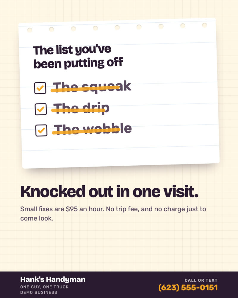 To-do list post for Hank's Handyman, a demo business: the squeak, the drip and the wobble crossed off