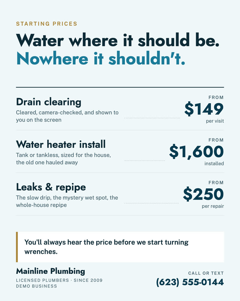 Starting prices post for Mainline Plumbing, a demo business: drain clearing, water heater installs, and leaks and repipes