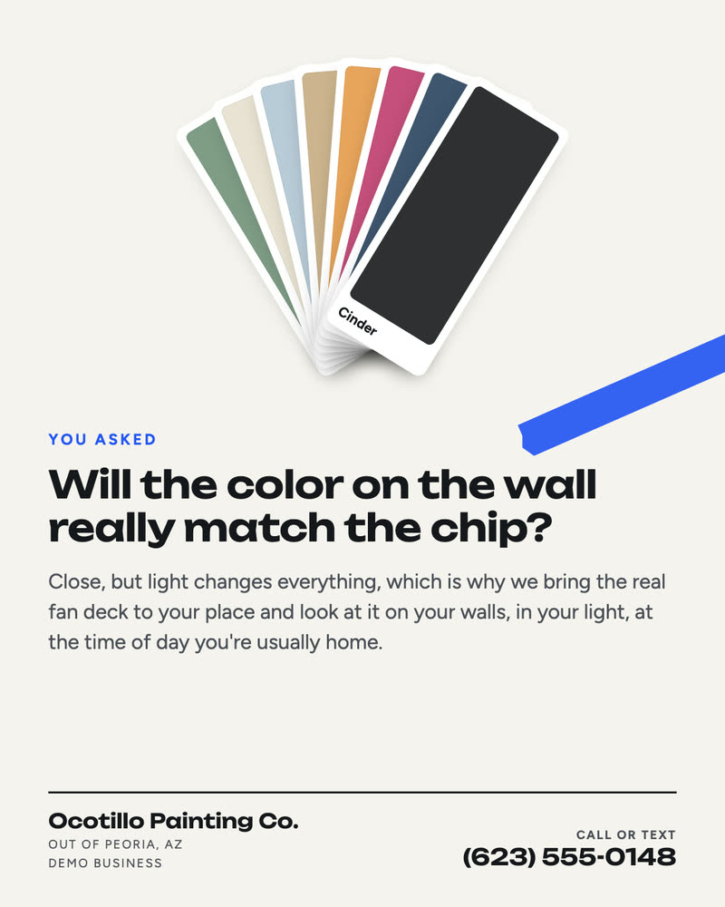 Question post for Ocotillo Painting Co., a demo business: whether the color on the wall will match the chip