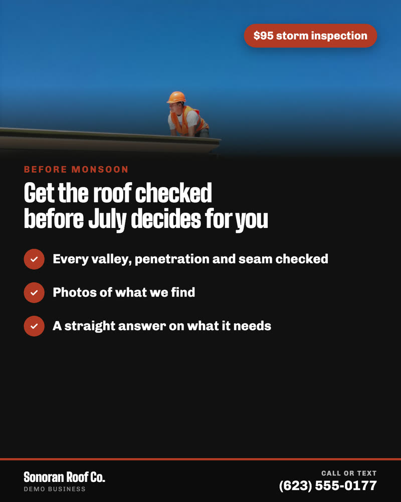 Seasonal post for Sonoran Roof Co., a demo business: get the roof checked before monsoon season