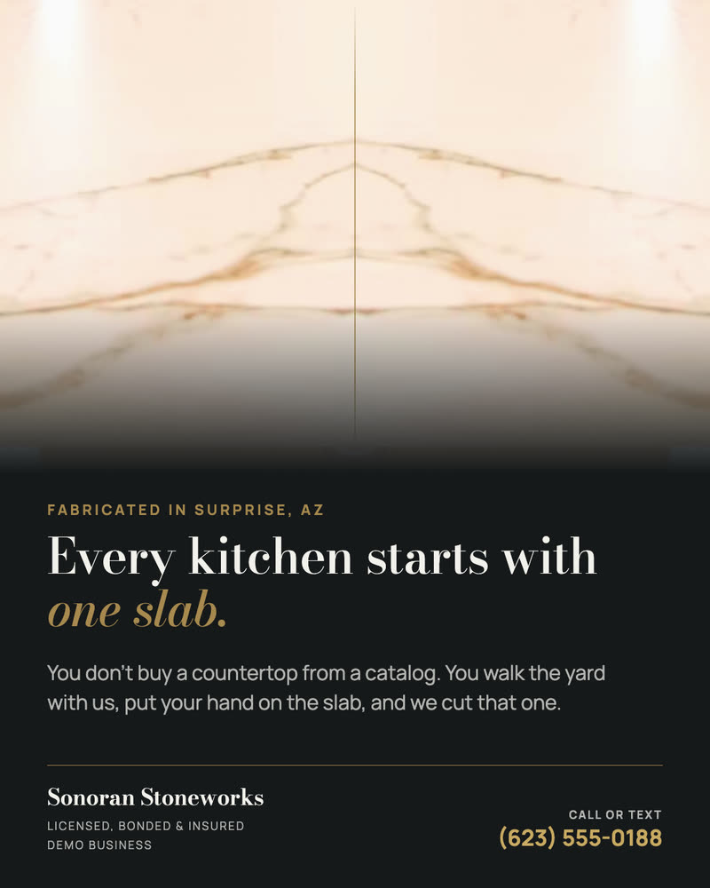 Stone post for Sonoran Stoneworks, a demo business: every kitchen starts with one slab