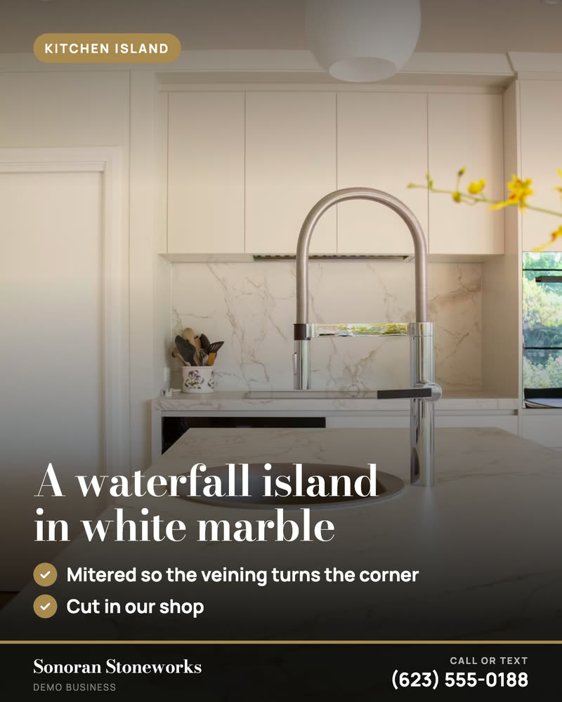 Job spotlight post for Sonoran Stoneworks, a demo business: a waterfall island in white marble