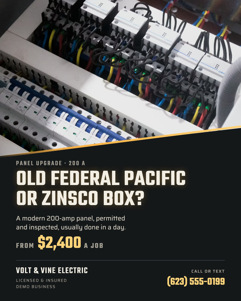 Problem post for Volt & Vine Electric, a demo business: old Federal Pacific or Zinsco panels